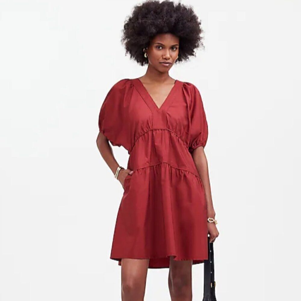 Madewell Puff-Sleeve Mini Dress in Poplin Claret burgundy NWT